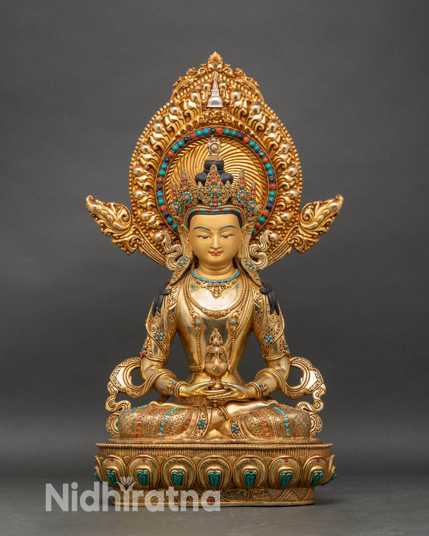 Amitayus Buddha statue front view, gold gilded copper with turquoise and coral inlay