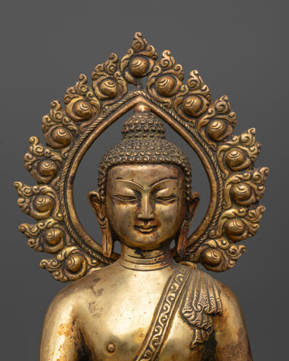Amitabh Buddha Statue Close Up Dhyana Mudra Antique Gold Gilded Finish.