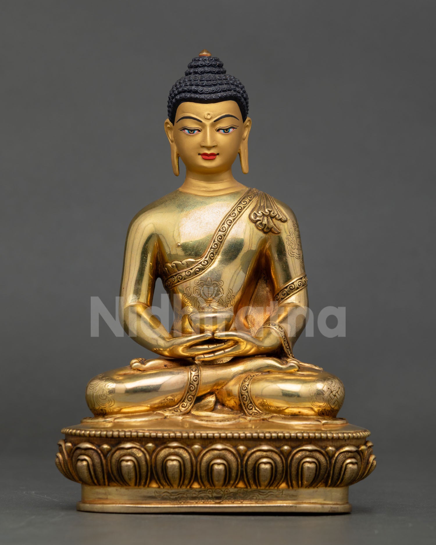 Amitabha Buddha statue front view, Nepal copper lotus meditation sculpture gold gilded