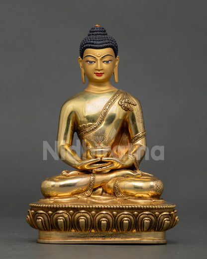Amitabha Buddha statue front view, Nepal copper lotus meditation sculpture gold gilded