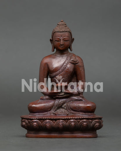 Amitabha Buddha statue handcrafted in Nepal copper with oxidized finish seated on lotus throne holding alms bowl.