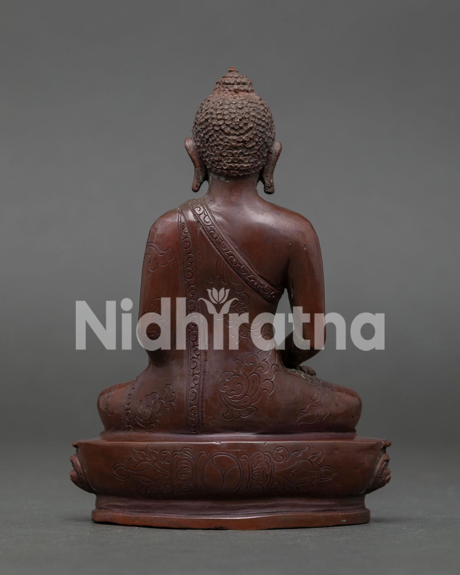 Amitabha Buddha altar statue oxidized copper finish ideal for meditation desk personal shrine and spiritual space.