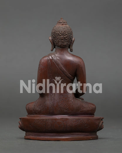 Amitabha Buddha altar statue oxidized copper finish ideal for meditation desk personal shrine and spiritual space.