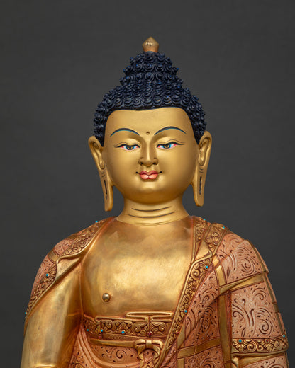 Amitabha Buddha close-up, 17-inch fire-gilded copper meditation statue with detailed painted monk's robe
