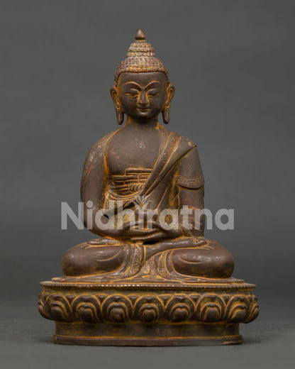 Amitabha Buddha copper statue with antique finish seated in meditation posture