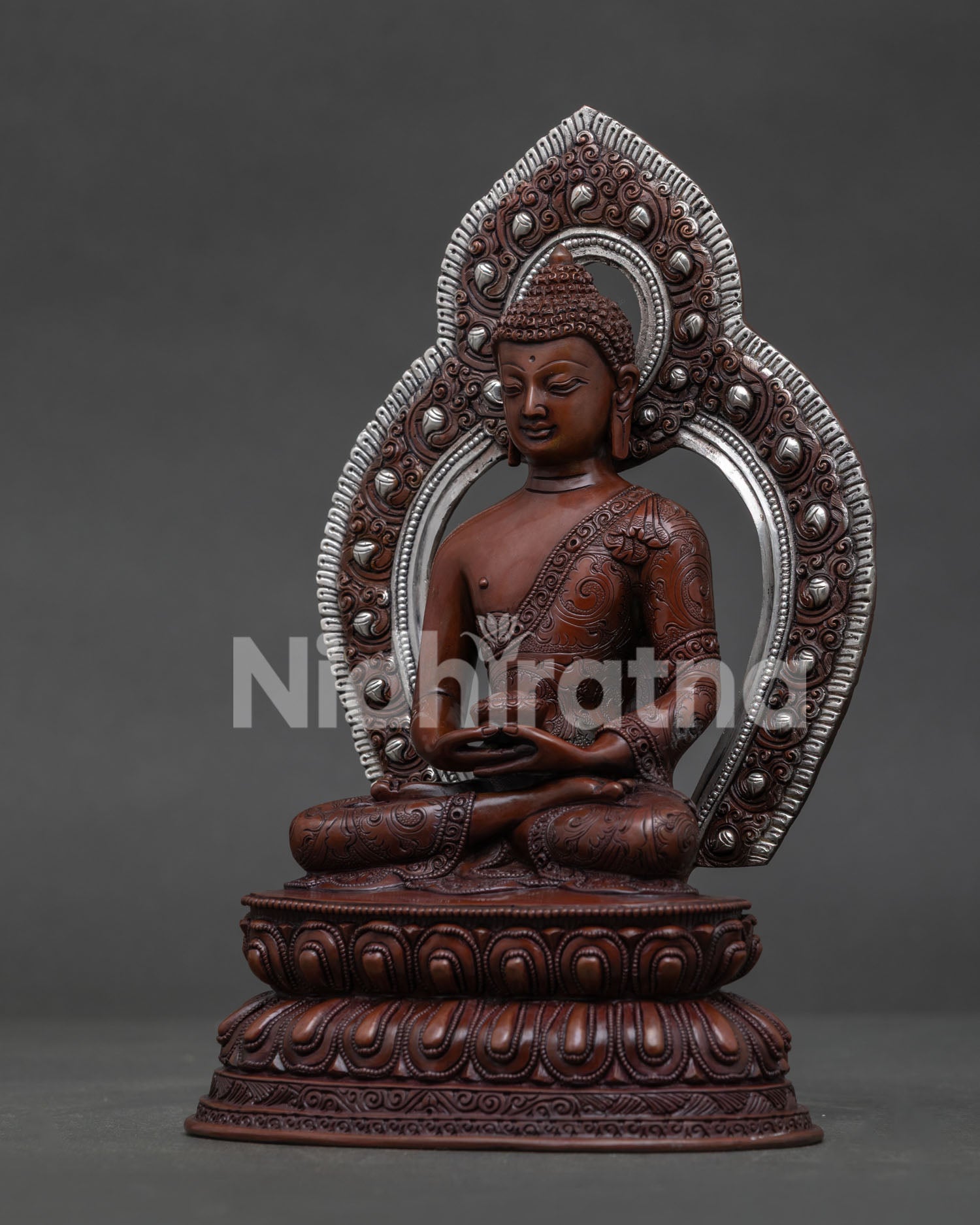 Amitabha Buddha double lotus throne with hand carved silver halo Buddhist artwork.