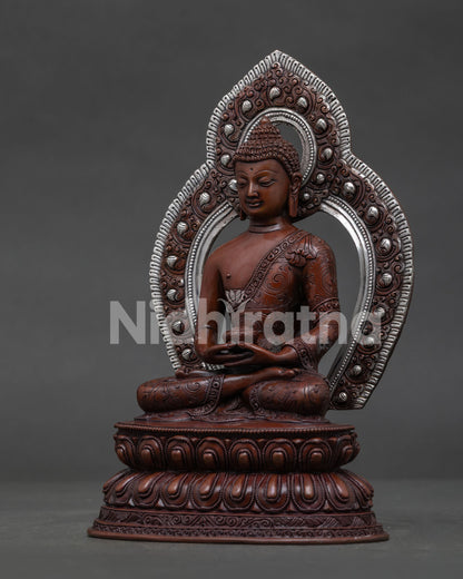 Amitabha Buddha double lotus throne with hand carved silver halo Buddhist artwork.