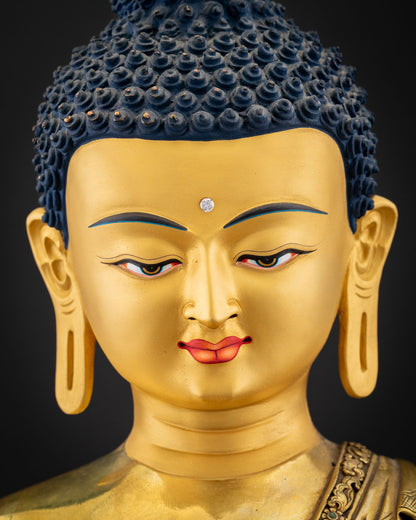Amitabha Buddha face close-up, gold-painted, Urna on forehead, blue Ushnisha, serene, Nepal