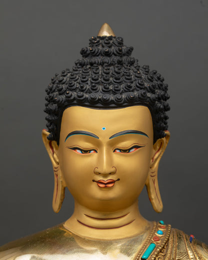 amitabha buddha face close up, serene expression gold painted buddhist statue nepal