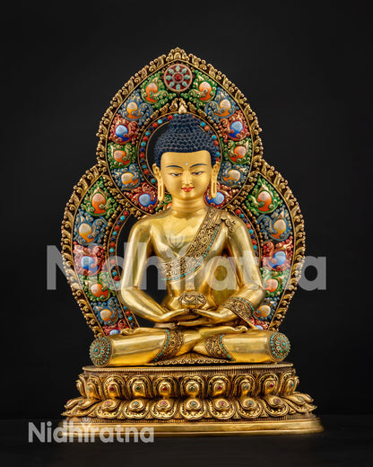 Amitabha Buddha gold fire-gilded copper statue, colorful stone-inlaid floral halo, seated in meditation, Nepal