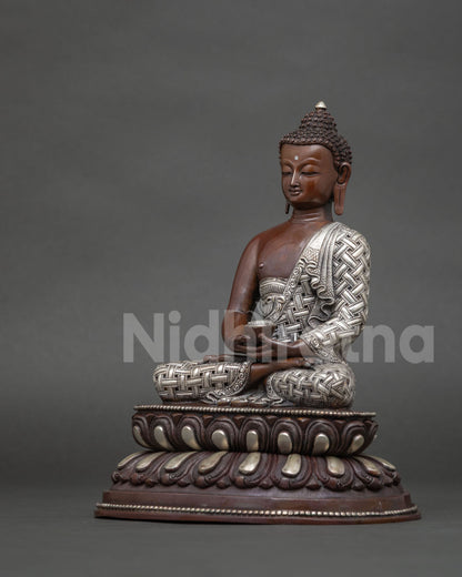 Amitabha Buddha holding alms bowl on hand carved double lotus pedestal.