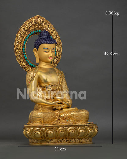 Amitabha Buddha, holding alms bowl seated on ornate lotus pedestal