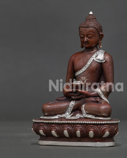 Amitabha Buddha holding alms bowl with serene expression detailed.