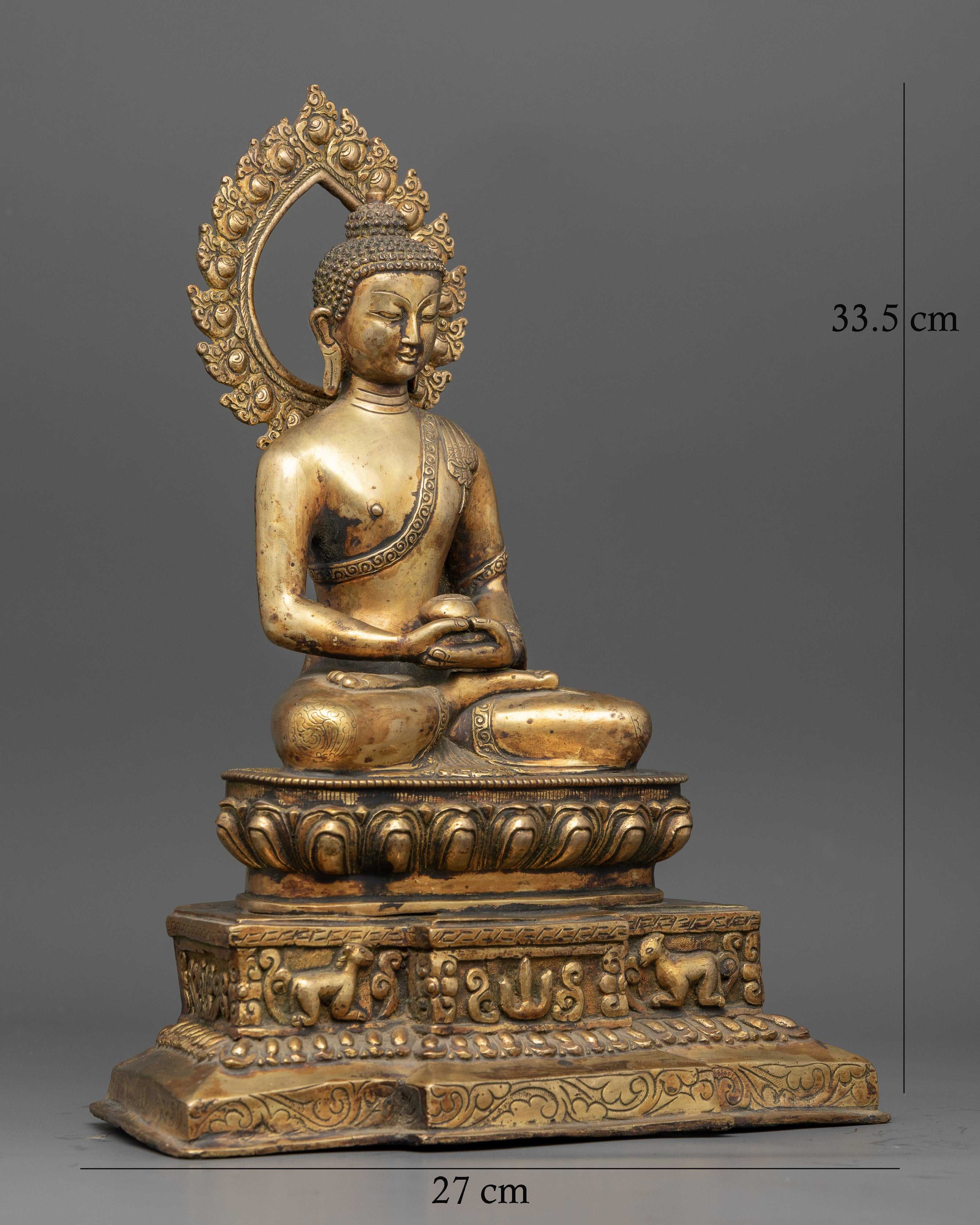 Amitabha Buddha in Dhyana Mudra holding an alms bowl on lotus pedestal.