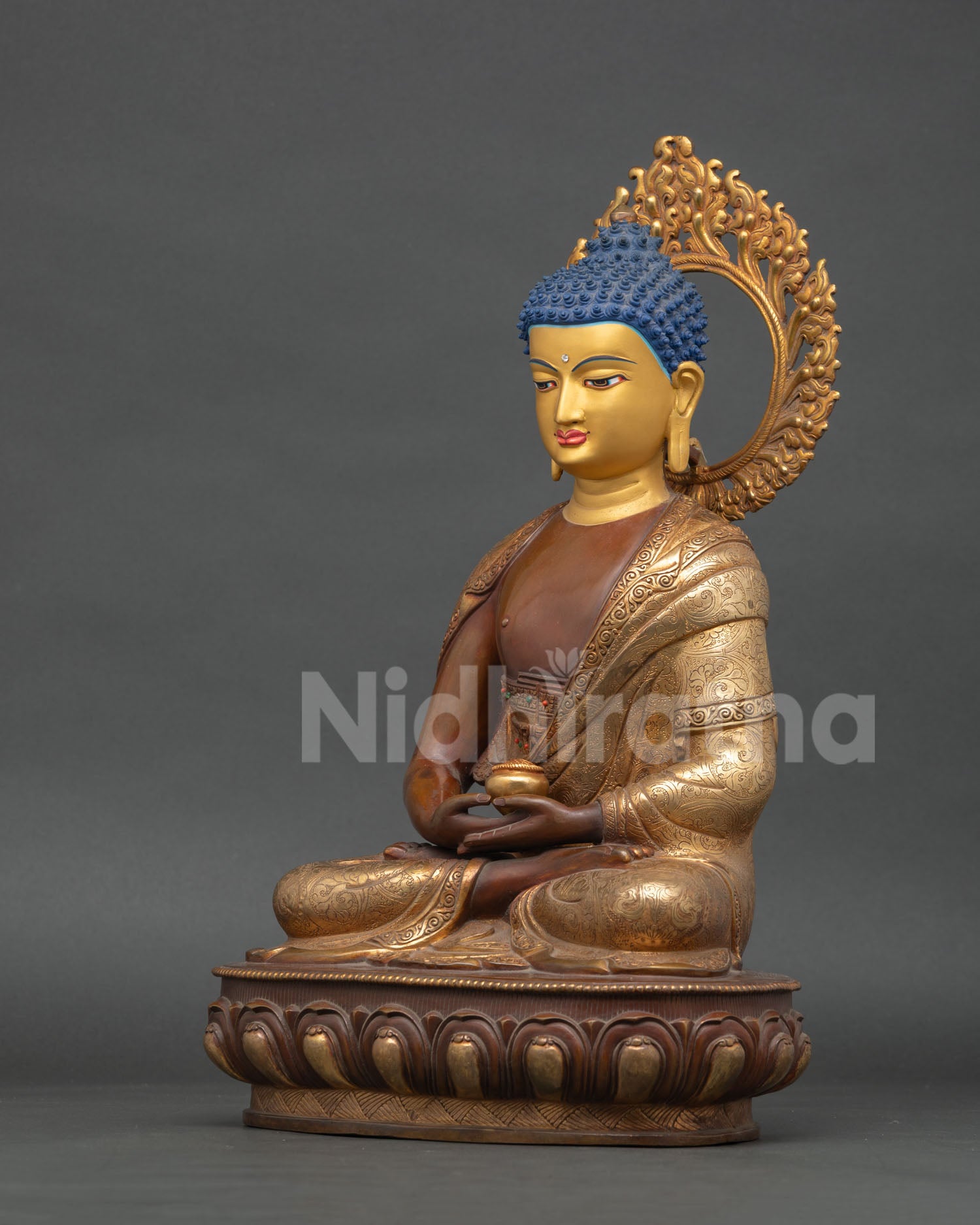 Amitabha Buddha in dhyana mudra meditation pose holding alms bowl, handcrafted copper altar sculpture