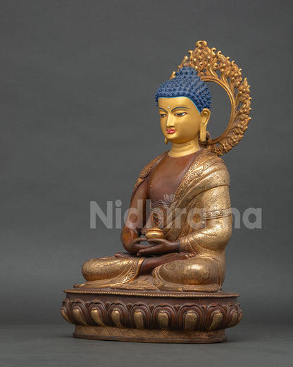 Amitabha Buddha in dhyana mudra meditation pose holding alms bowl, handcrafted copper altar sculpture