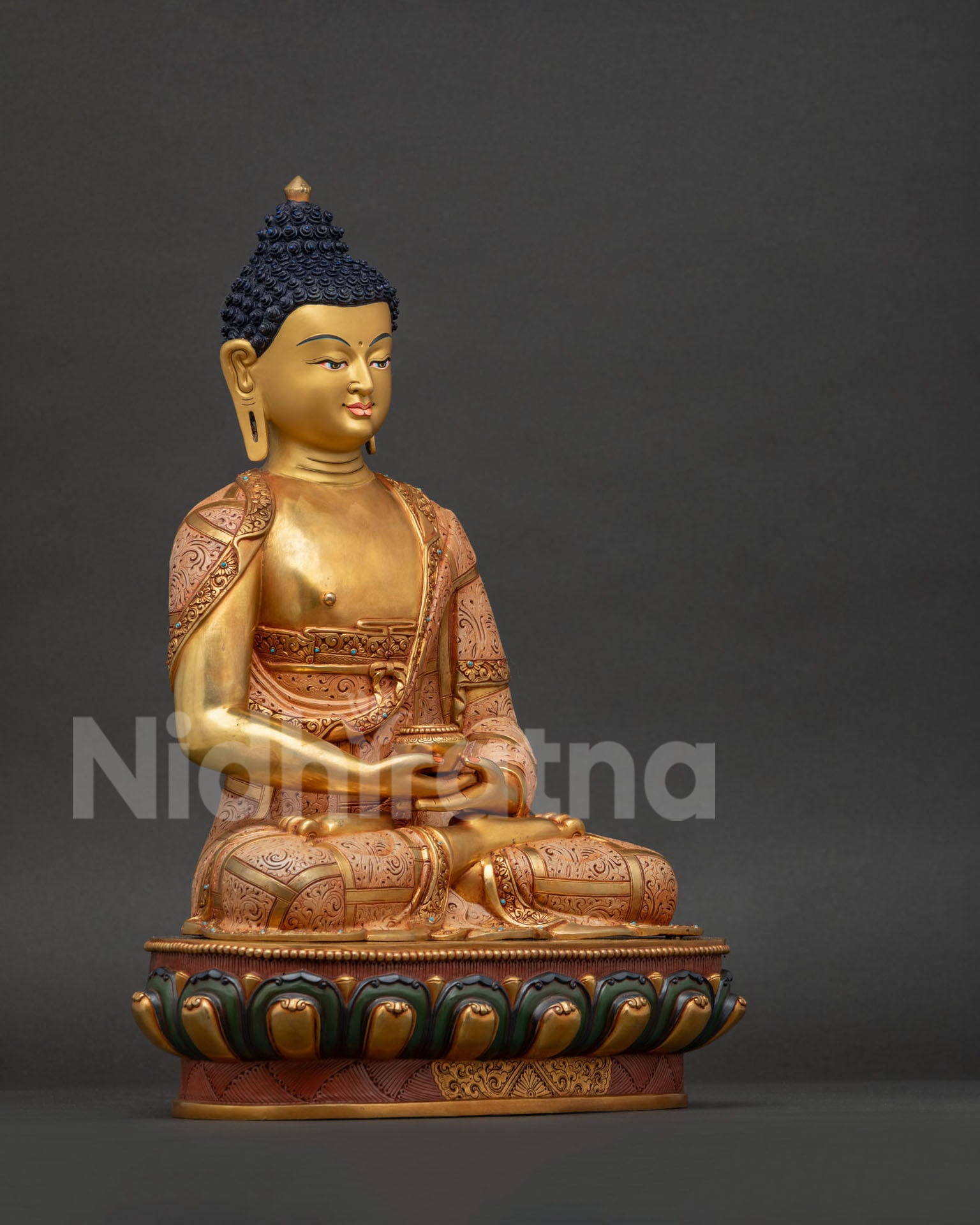 Amitabha Buddha left side, handcrafted copper meditation statue with gold-gilded finish and lotus pedestal