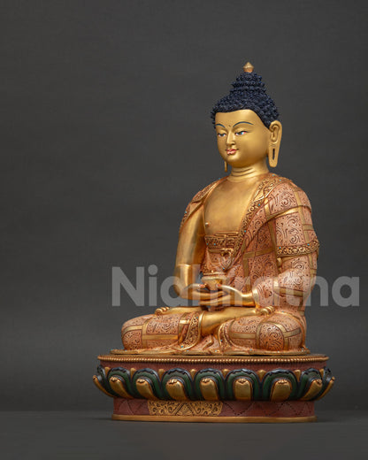 Amitabha Buddha right side, fire-gilded copper statue with hand-painted robes and authentic artistry