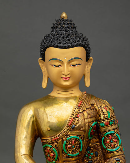 Amitabha Buddha Sculpture Close Up Showing Gold Gilding and Stone Details