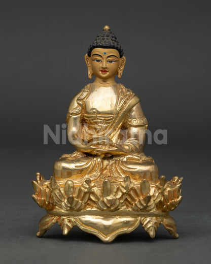 Amitabha Buddha seated in meditation mudra on lotus pedestal Himalayan Buddhist art.