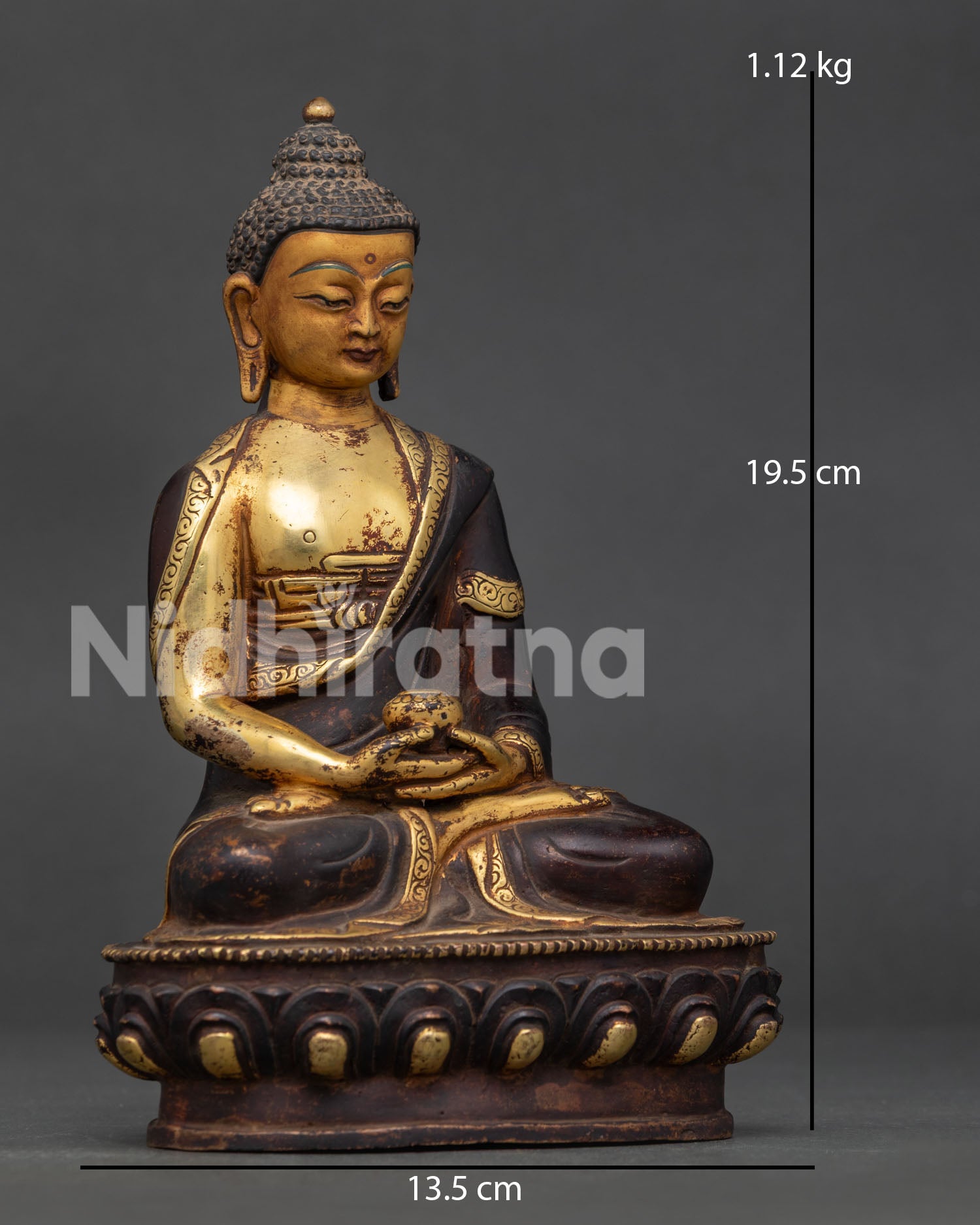 Amitabha Buddha Seated on Handcarved Lotus Pedestal with Alms Bowl.