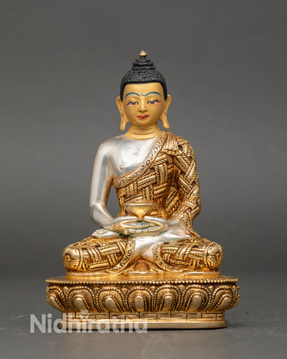Amitabha Buddha side view lotus seat monk bowl serene expression gold face