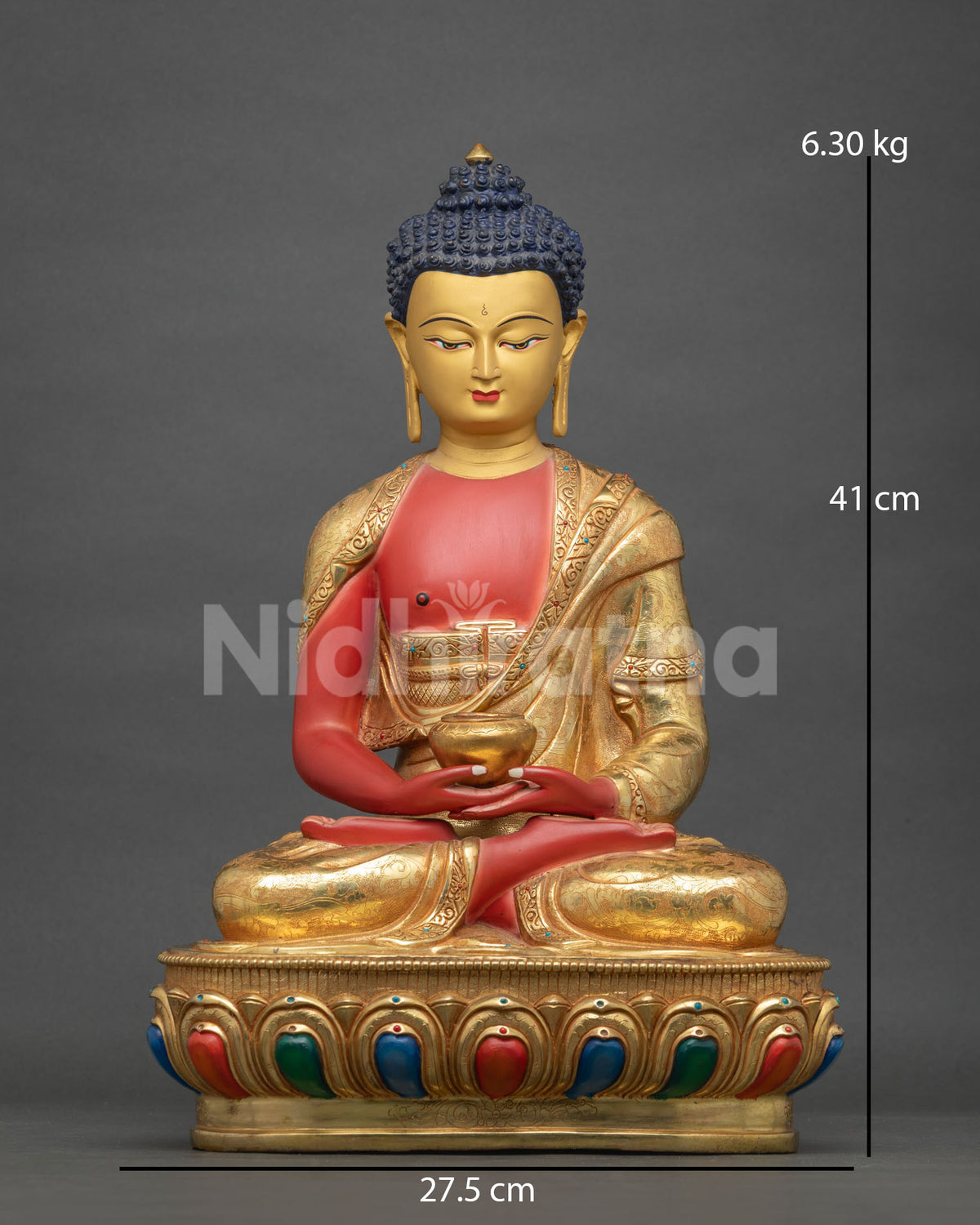 Amitabha Buddha Statue front view with acrylic painted finish 24K gold face and multicolor lotus pedestal.