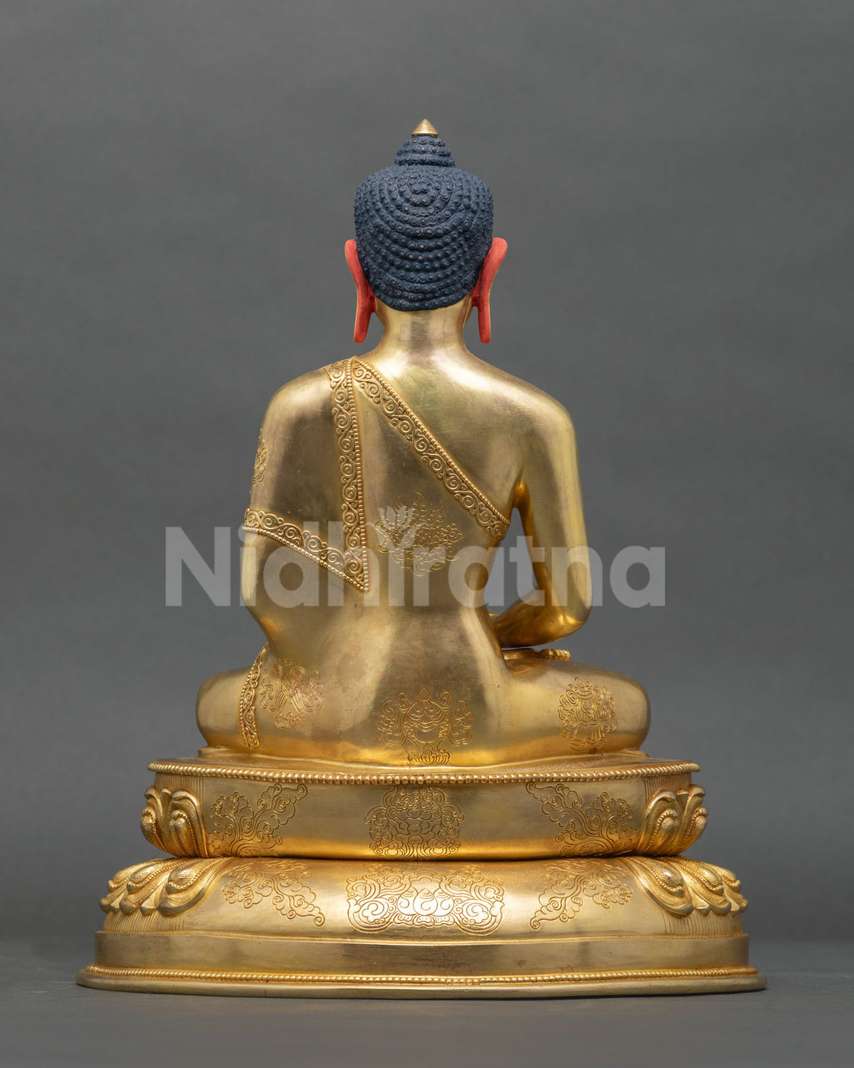 Amitabha Buddha Statue back view gold fire gilded copper sculpture.