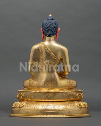 Amitabha Buddha Statue back view gold fire gilded copper sculpture.