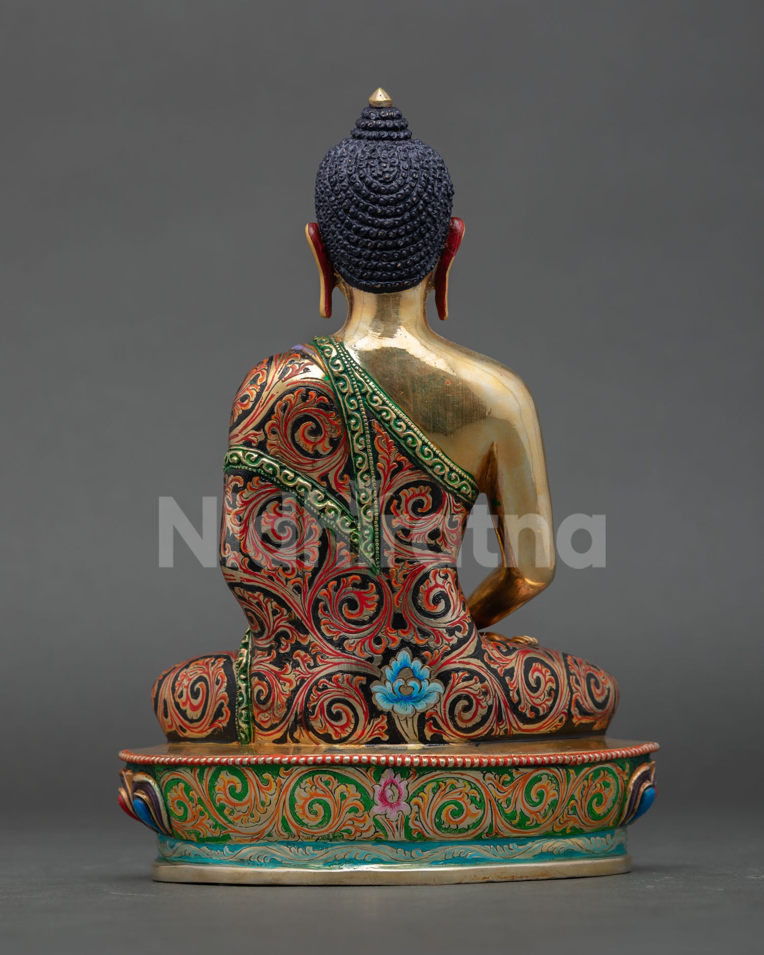 amitabha buddha statue back view, lost wax copper sculpture, gold gilded finish nepal