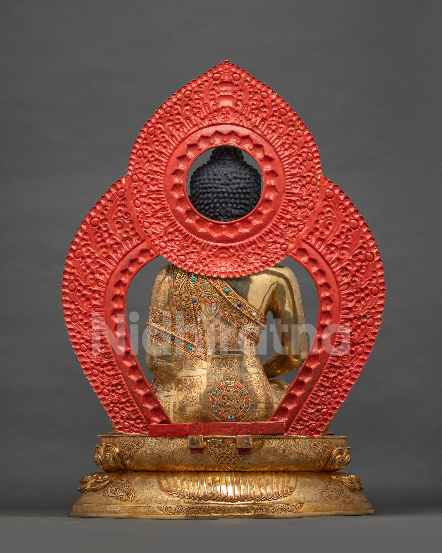 Amitabha Buddha Statue back view showing red aureole and lotus base