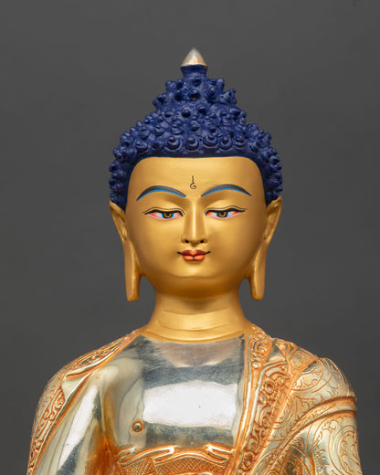 Amitabha Buddha statue close up detail gold painted face Dhyana Mudra alms bowl Himalayan Buddhist spiritual art