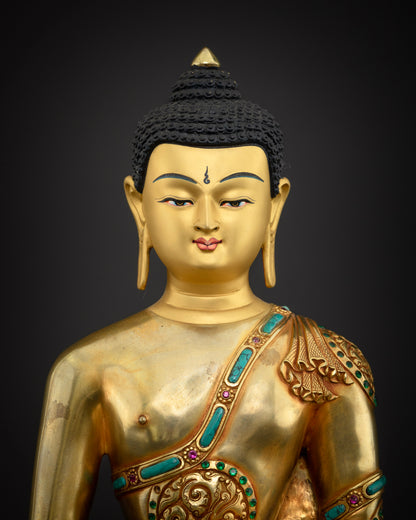 Amitabha Buddha statue close-up, gold fire-gilded copper with semi-precious stones