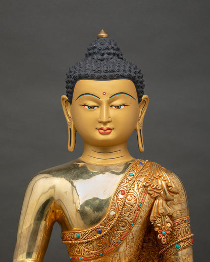 Amitabha Buddha Statue close-up of gold robe and hand-inlaid gemstone details