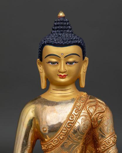 Amitabha Buddha Statue close up view showing gold-painted face and intricate floral robe carvings