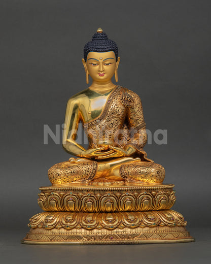 Amitabha Buddha statue, copper 24K gold-painted face, seated on lotus pedestal, Pure Land Buddhist art