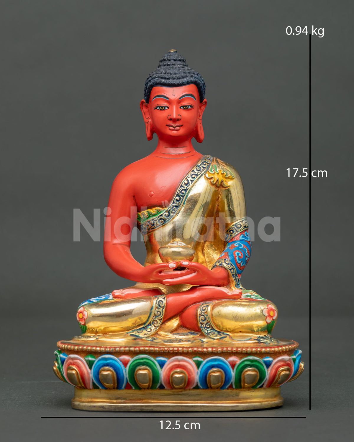 Amitabha Buddha statue copper acrylic painted robe gold fire gilded floral motif.
