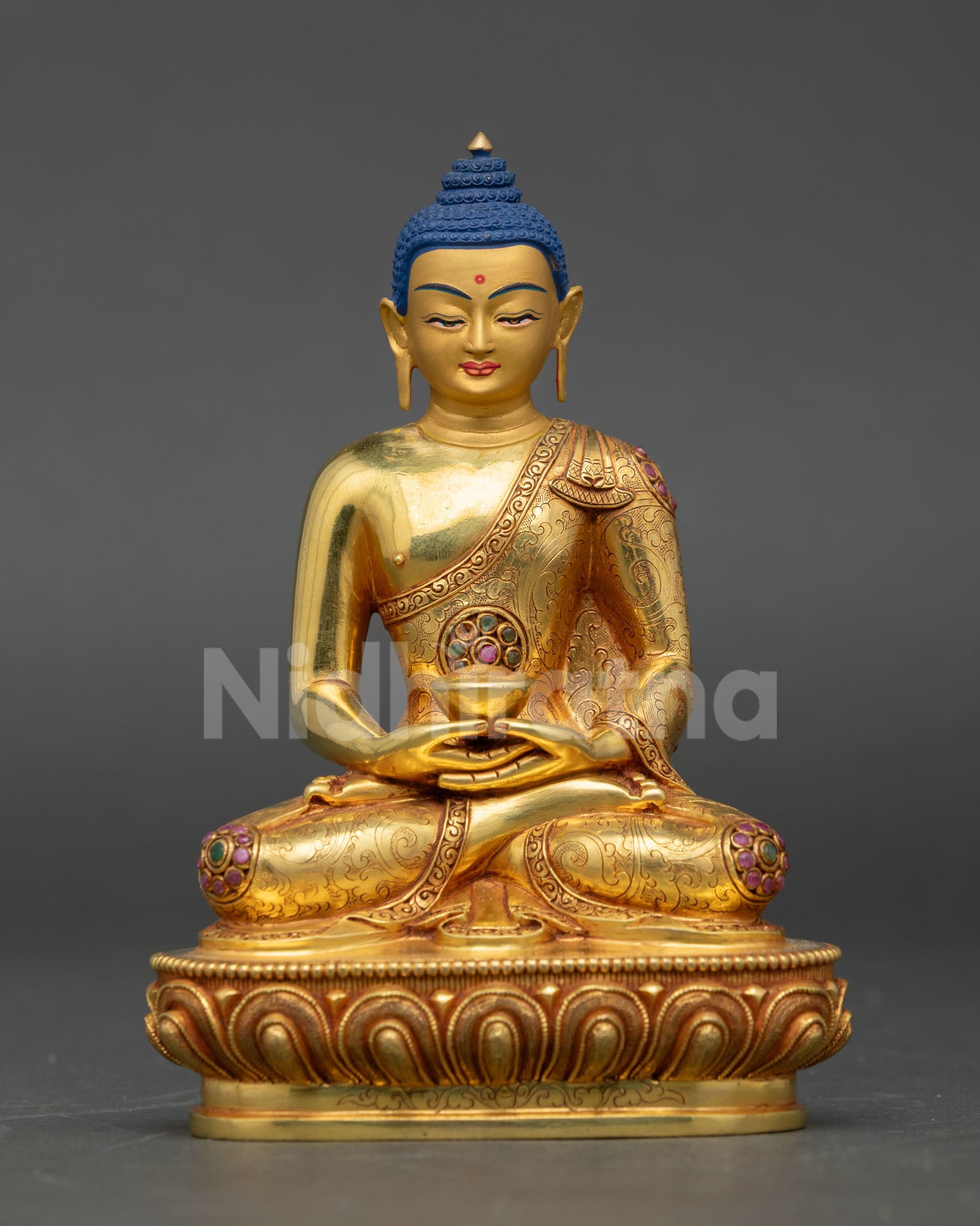 amitabha buddha statue copper gold fire gilded front view nepal handmade