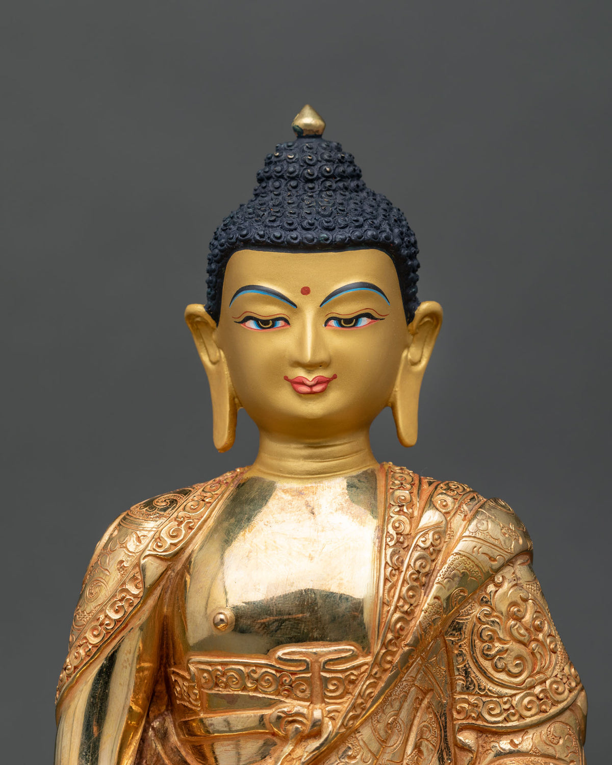 Amitabha Buddha statue deep blue eyes dhyana mudra alms bowl.