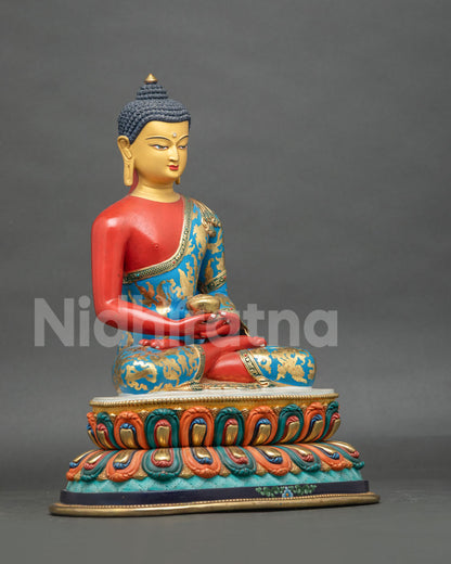 Amitabha Buddha statue detailed alms bowl and dhyana mudra hand position.