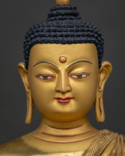 Amitabha Buddha statue detailed close up face 24K gold painted facial details