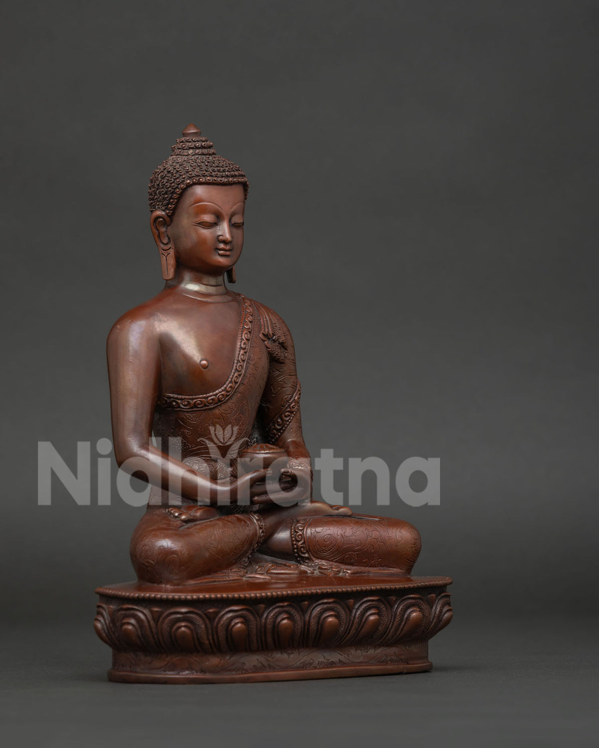 Amitabha Buddha Statue Detailed Hand Carved Lotus Pedestal Floral Motifs.