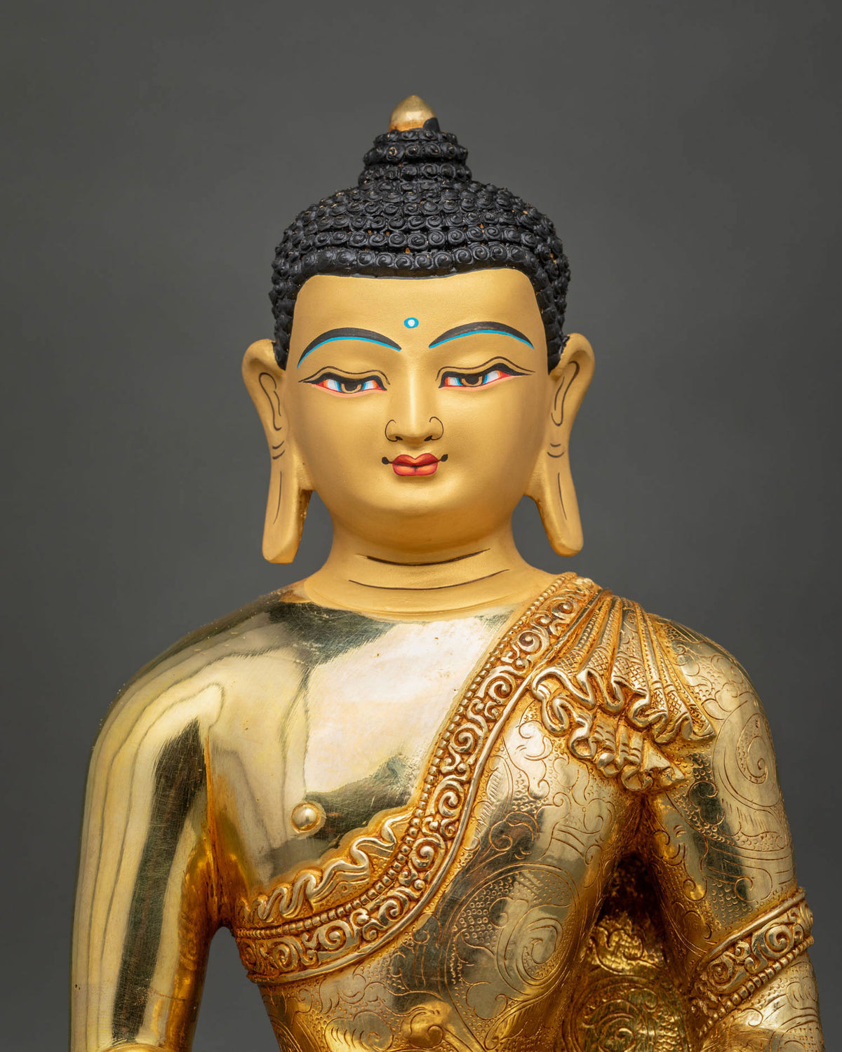 Amitabha Buddha Statue featuring a serene gold-painted face, finely detailed facial features