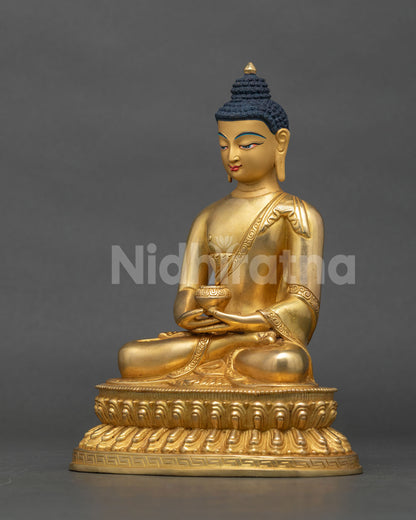 Amitabha Buddha statue finely detailed monastic robe gilded details.