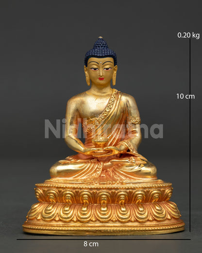 Amitabha Buddha statue from Nepal on double lotus pedestal with gold fire gilded copper.