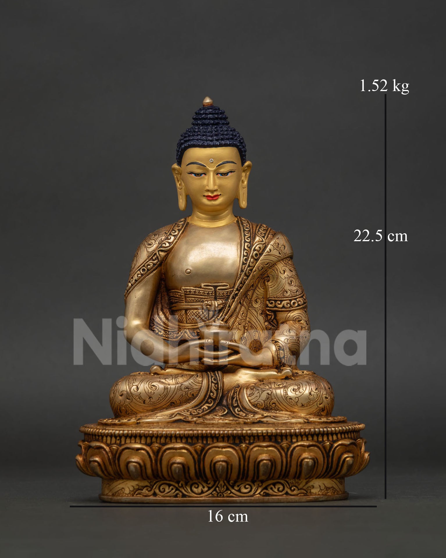 Amitabha Buddha statue from Nepal with ornate robe border and Newari craftsmanship.