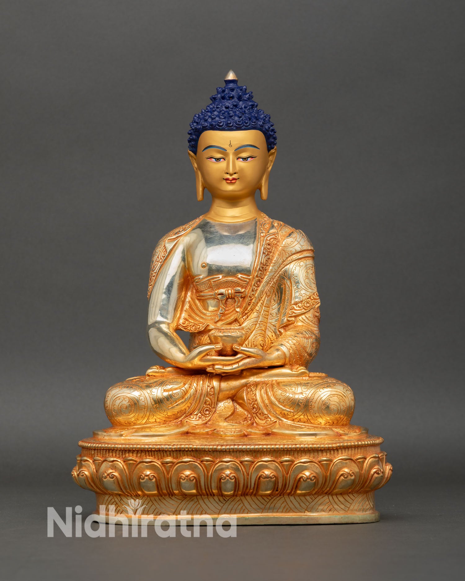 Amitabha Buddha statue front view copper fire gilded gold face Nepal Kathmandu artisan lotus pedestal meditation sculpture