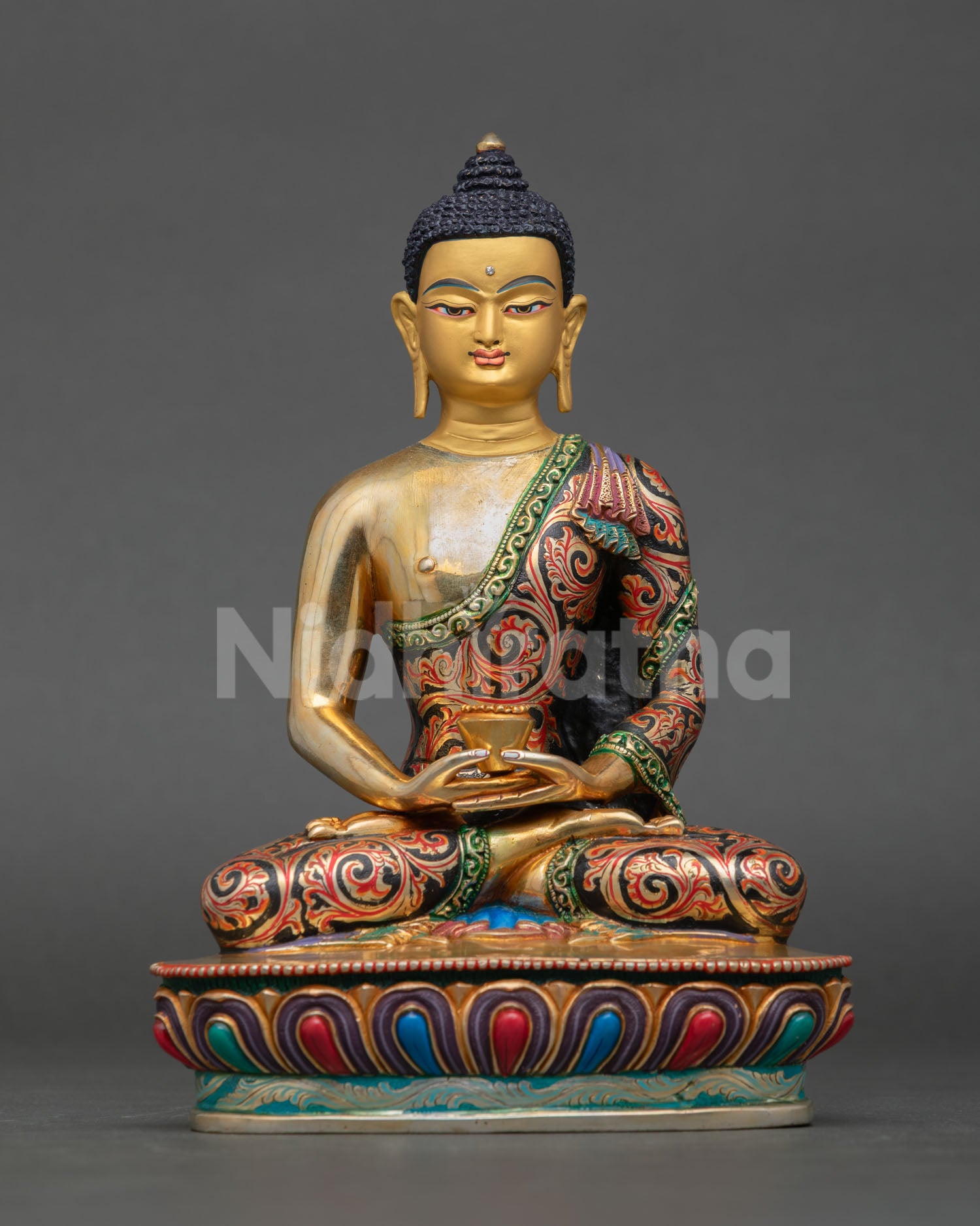 amitabha buddha statue front view, copper lost wax nepal, gold gilded finish