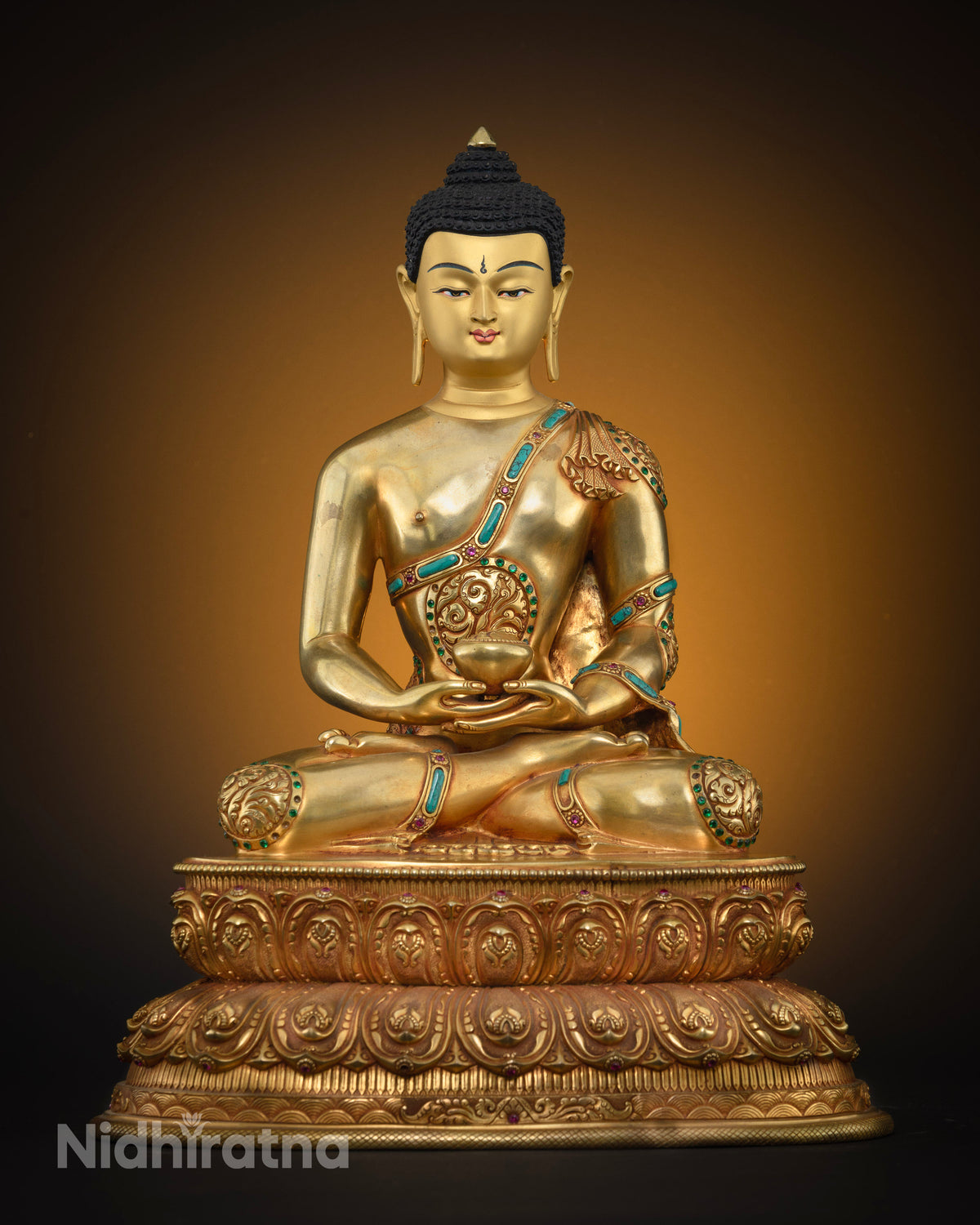 Amitabha Buddha statue front view, gold fire-gilded copper, handcrafted in Nepal