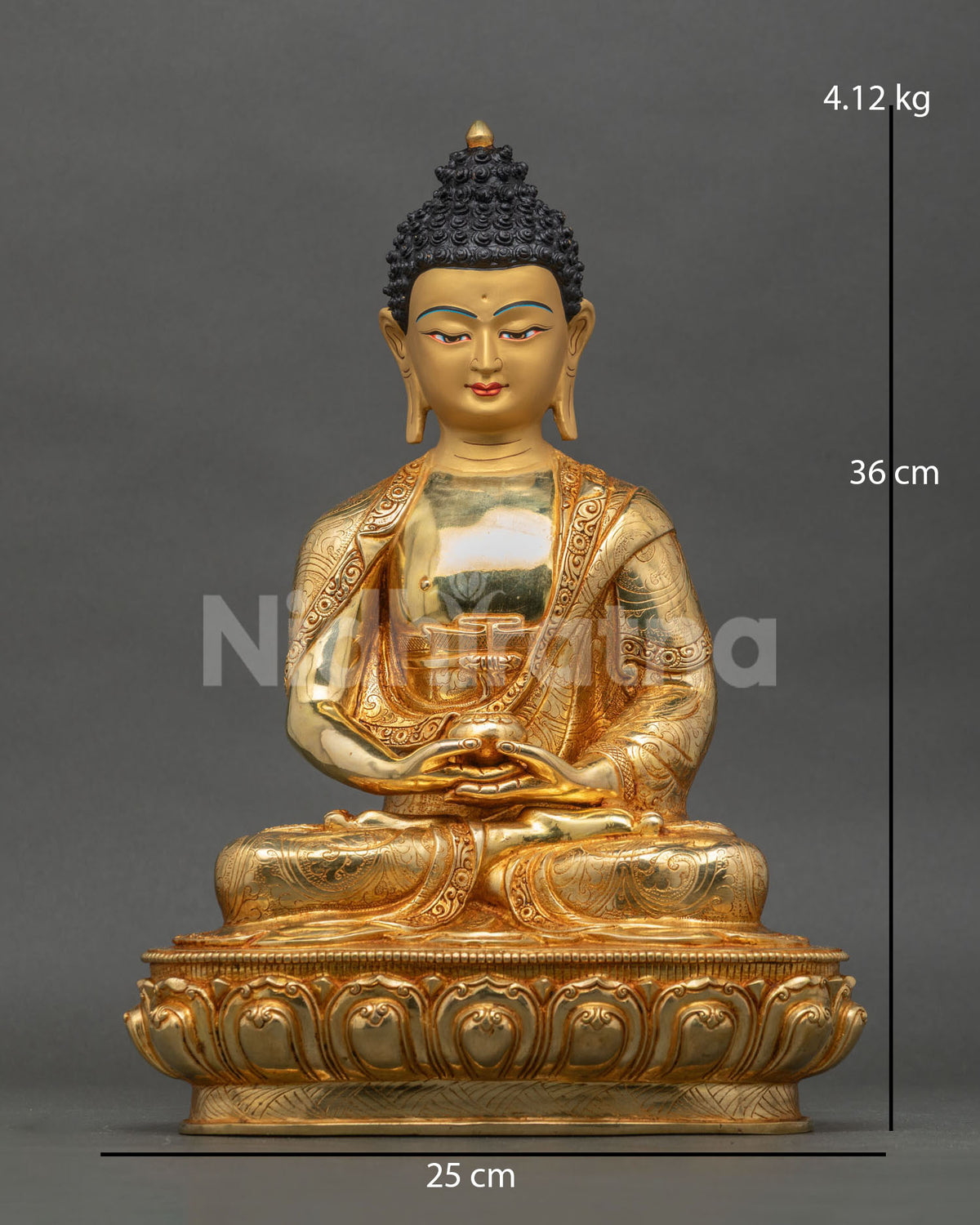 Amitabha Buddha statue front view gold fire gilded copper Nepal.